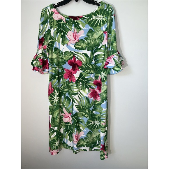 Pappagallo‎ Womens Tropical Floral Shift Dress M Green Pink Ruffle Sleeve Vacay - Picture 1 of 8